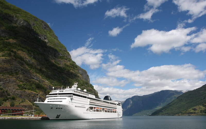 Cruise Ship in Fjord — Blue, Serene, Afternoon, Photograph, Mountain