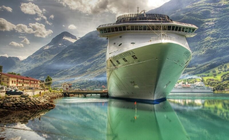 Cruise Ship in Fjord — Green, Dramatic, Afternoon