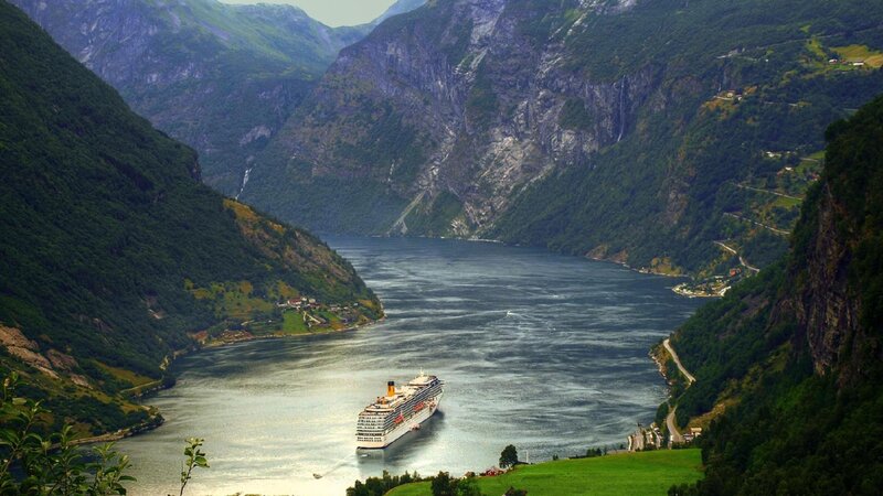 Cruise Ship in Fjord — Green, Serene, Afternoon