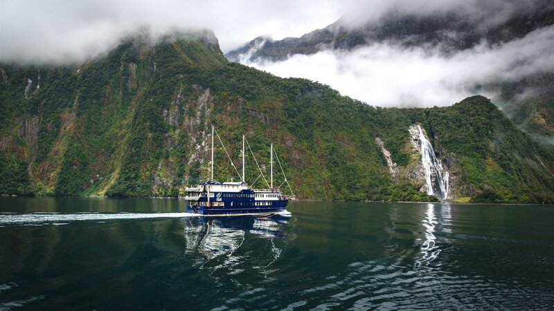 Cruise Ship in Fjord — Green, Serene, Photograph