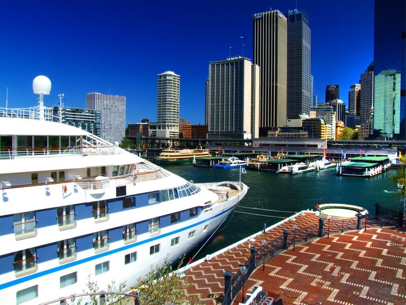 Cruise Ship in Harbor — Blue, Bright, Afternoon