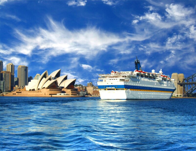 Cruise Ship in Harbor — Blue, Bright