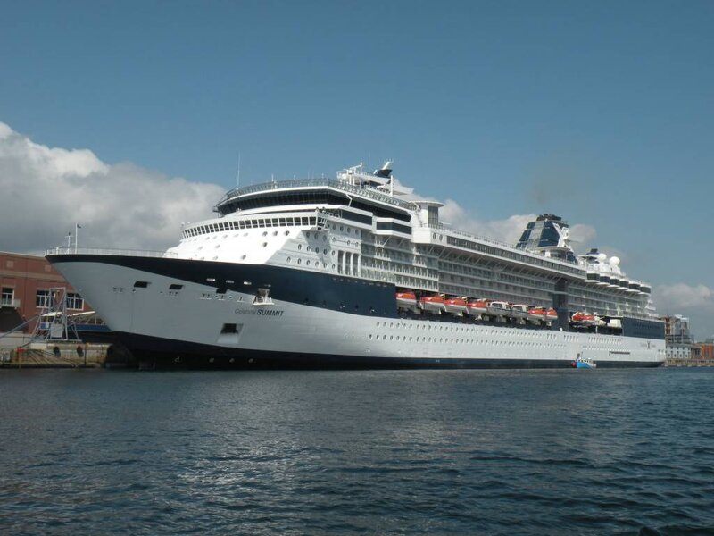 Cruise Ship in Harbor — Blue, Calm, Afternoon, Photograph, Building, Sky