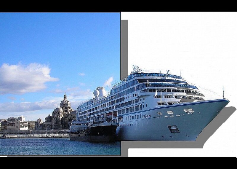 Cruise Ship in Harbor — Blue, Calm, Afternoon, Photograph, Building