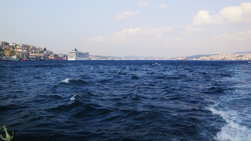 Cruise Ship in Harbor — Blue, Calm, Afternoon, Photograph, Cityscape
