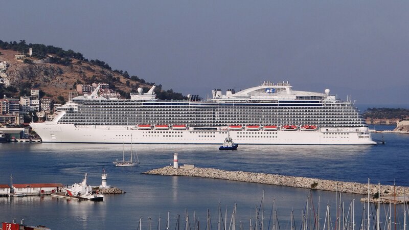 Cruise Ship in Harbor — Blue, Calm, Afternoon, Photograph, Hills