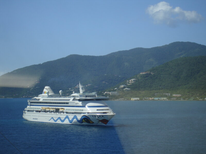 Cruise Ship in Harbor — Blue, Calm, Afternoon, Photograph, Mountain