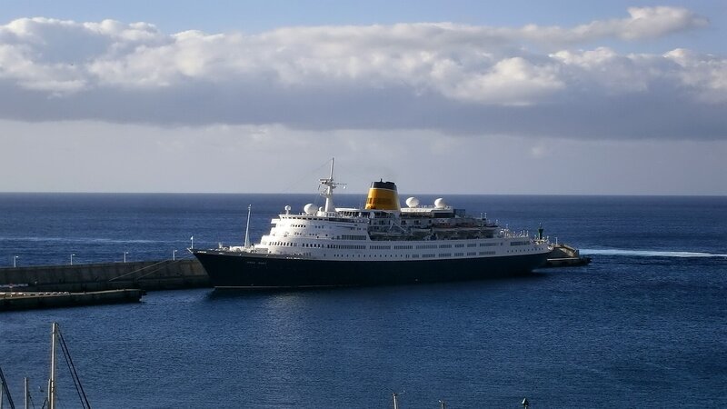 Cruise Ship in Harbor — Blue, Calm, Afternoon, Photograph, Ocean, Pier