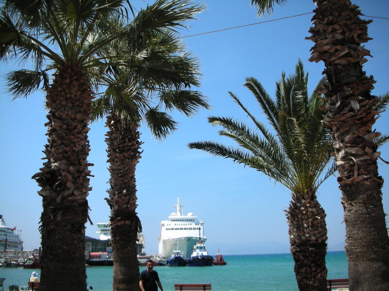 Cruise Ship in Harbor — Blue, Calm, Afternoon, Photograph, Palm Trees