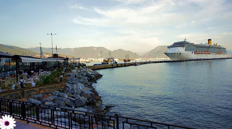 Cruise Ship in Harbor — Blue, Calm, Afternoon, Photograph, Restaurant