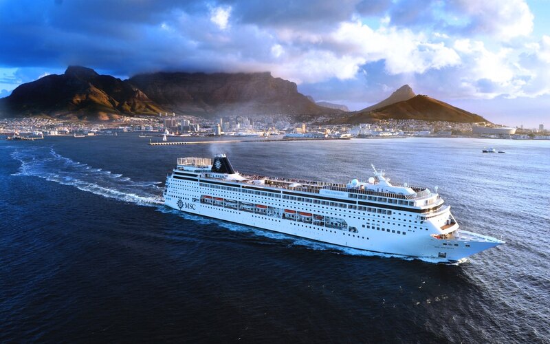 Cruise Ship in Harbor — Blue, Dramatic, Sunset, Photograph