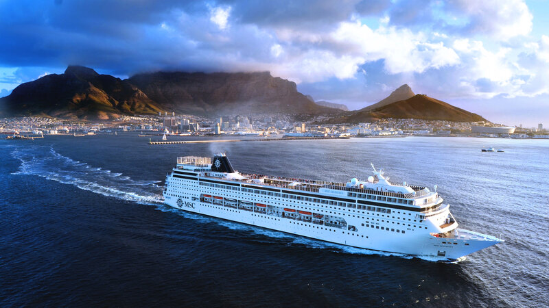 Cruise Ship in Harbor — Blue, Dramatic, Sunset