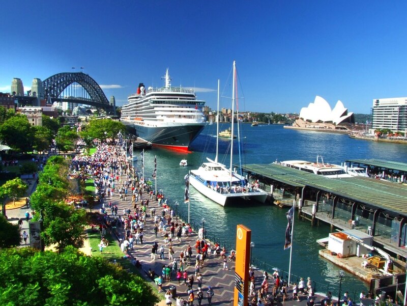 Cruise Ship in Harbor — Blue, Lively