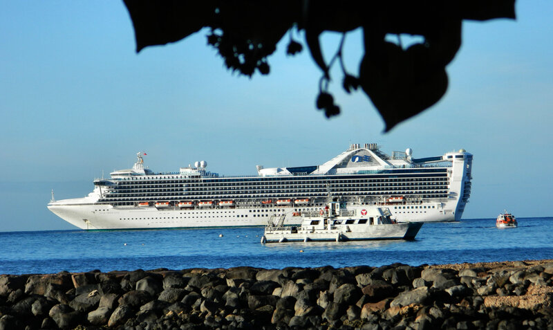 Cruise Ship in Harbor — Blue, Serene, Afternoon, Photograph, Boat, Rocks