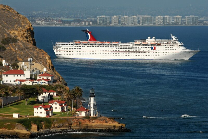 Cruise Ship in Harbor — Blue, Serene, Afternoon, Photograph, Lighthouse