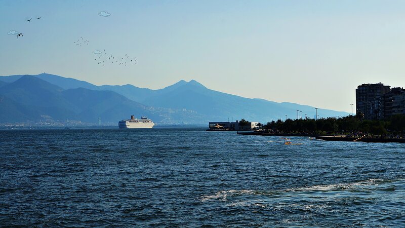 Cruise Ship in Harbor — Blue, Serene, Afternoon, Photograph, Mountains, Birds