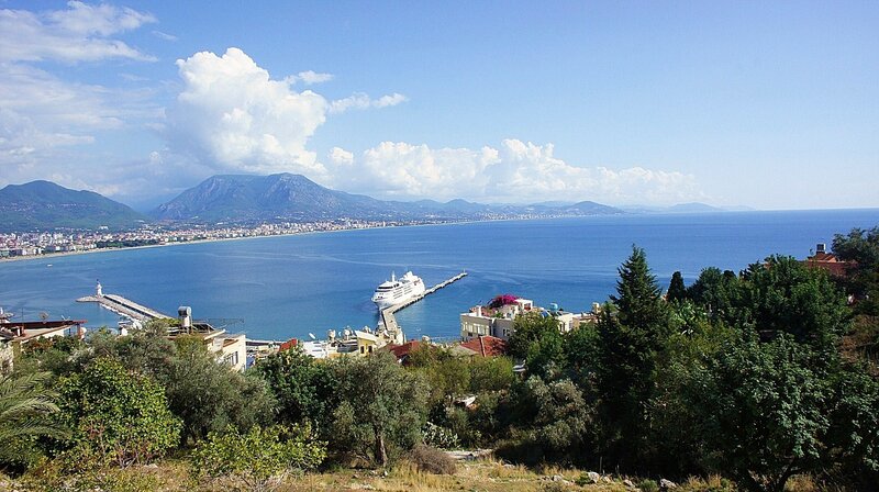 Cruise Ship in Harbor — Blue, Serene, Afternoon, Photograph, Mountains