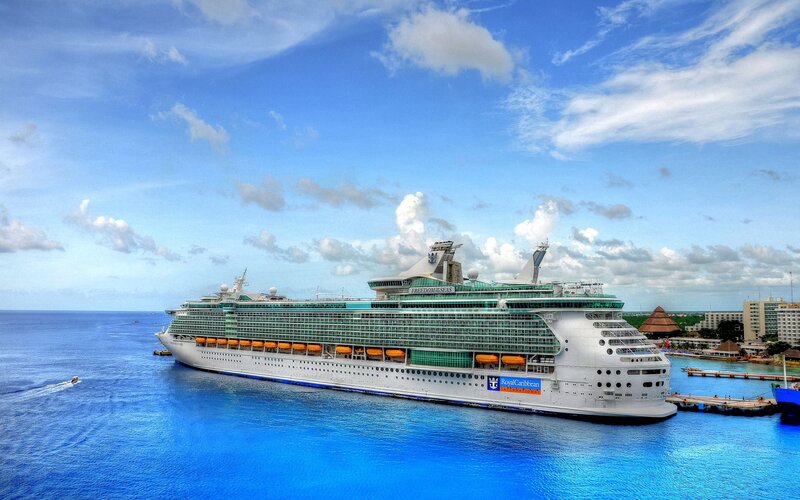 Cruise Ship in Harbor — Blue, Serene, Afternoon, Photograph, Ocean, Sky