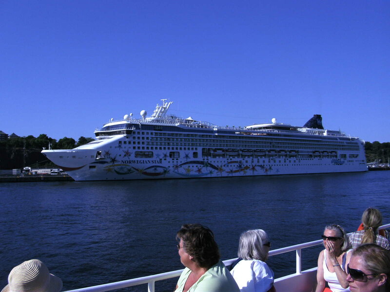 Cruise Ship in Harbor — Blue, Serene, Afternoon, Photograph, People