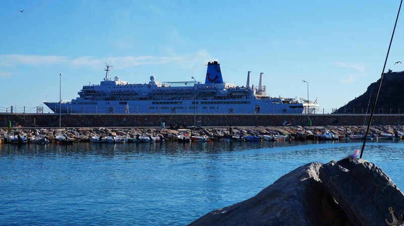 Cruise Ship in Harbor — Blue, Serene, Afternoon, Photograph, Rock