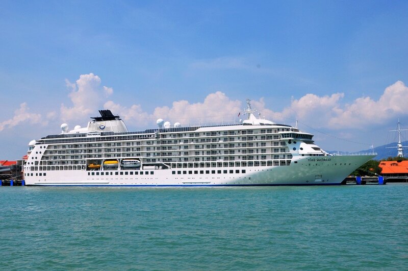 Cruise Ship in Harbor — Blue, Serene, Afternoon, Photograph, Sky, Mountains