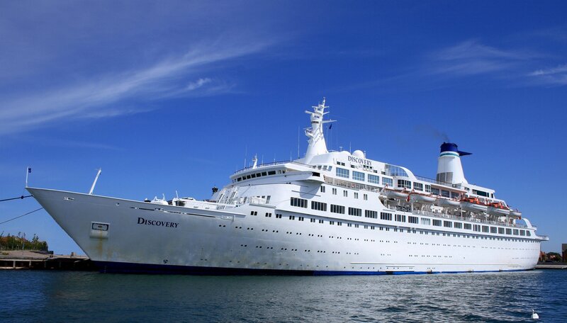 Cruise Ship in Harbor — Blue, Serene, Afternoon, Photograph, Sky
