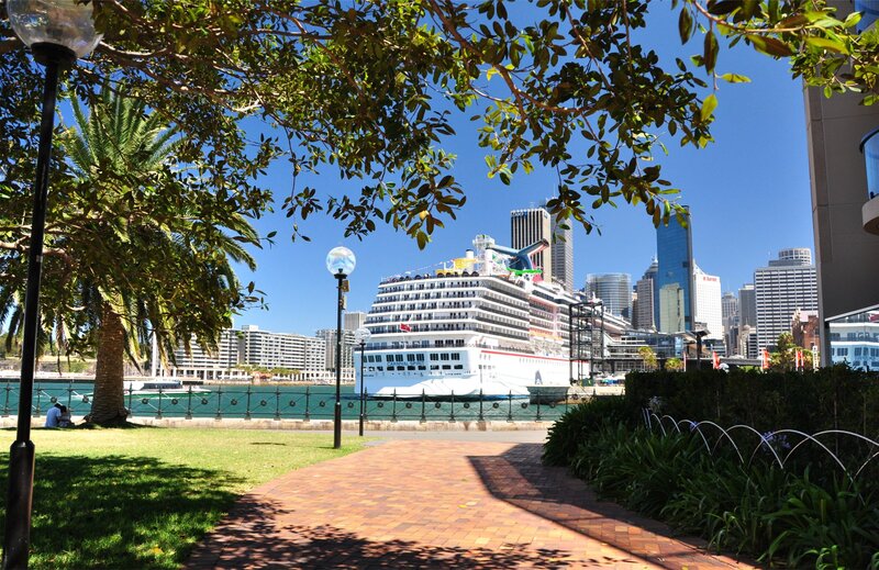 Cruise Ship in Harbor — Blue, Serene, Afternoon, Photograph, Skyscraper
