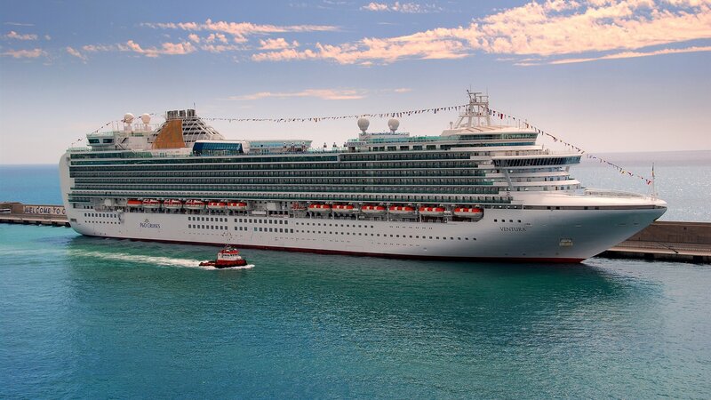 Cruise Ship in Harbor — Blue, Serene, Afternoon, Photograph, Tugboat