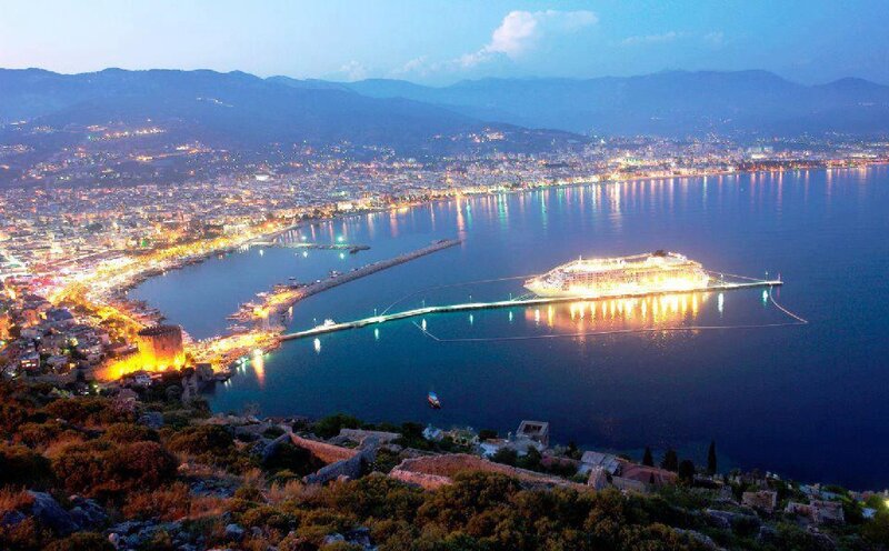 Cruise Ship in Harbor — Blue, Serene, Night