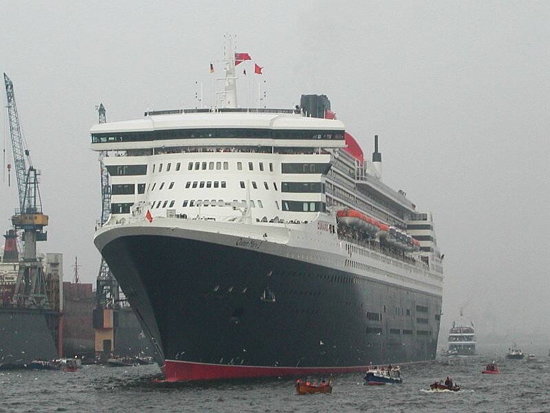 Cruise Ship in Harbor — Gray, Overcast, Photograph, Cranes