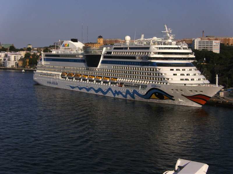 Cruise Ship in Harbor — White, Calm, Afternoon, Photograph, Buildings
