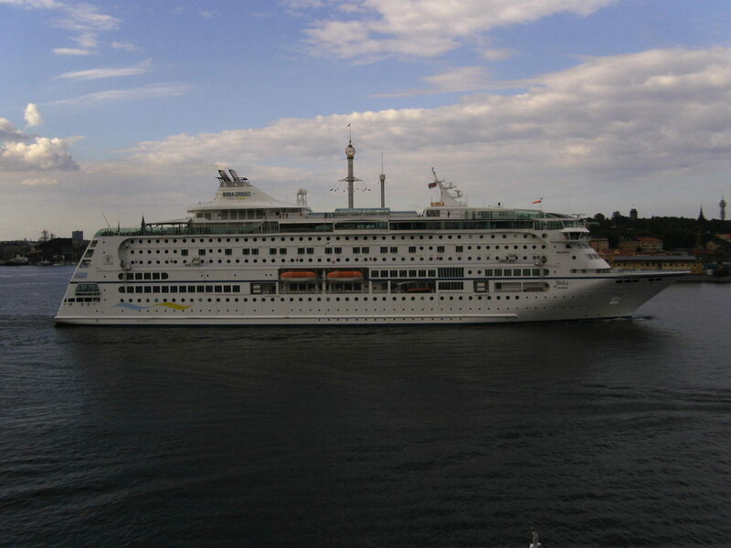 Cruise Ship in Harbor — White, Calm, Afternoon, Photograph, Cityscape