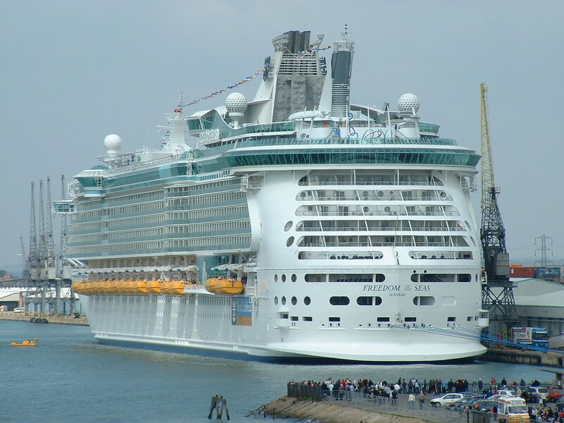 Cruise Ship in Harbor — White, Calm, Afternoon, Photograph, Cranes, Crowd