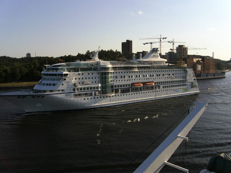 Cruise Ship in Harbor — White, Calm, Afternoon, Photograph, Cranes