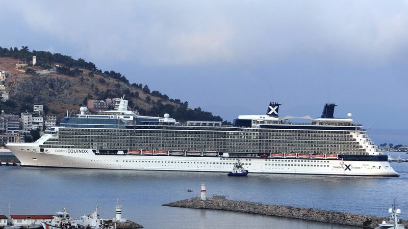 Cruise Ship in Harbor — White, Calm, Afternoon, Photograph, Hills