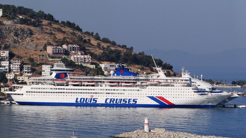 Cruise Ship in Harbor — White, Calm, Afternoon, Photograph, Hillside