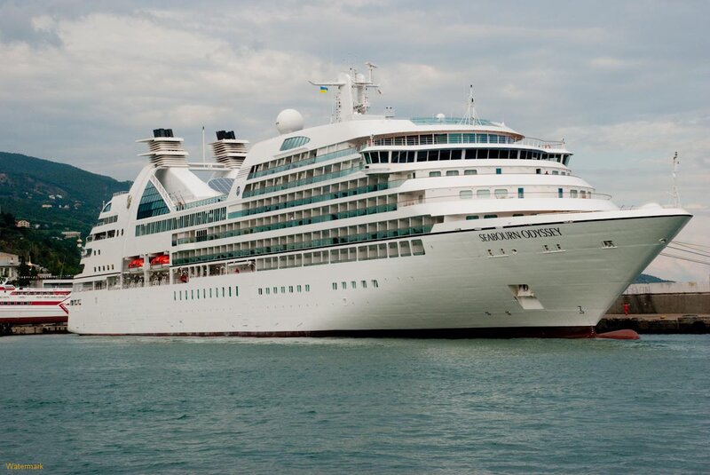 Cruise Ship in Harbor — White, Calm, Afternoon, Photograph, Mountain