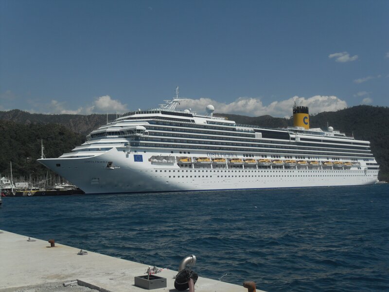 Cruise Ship in Harbor — White, Calm, Afternoon, Photograph, Mountains, Dock