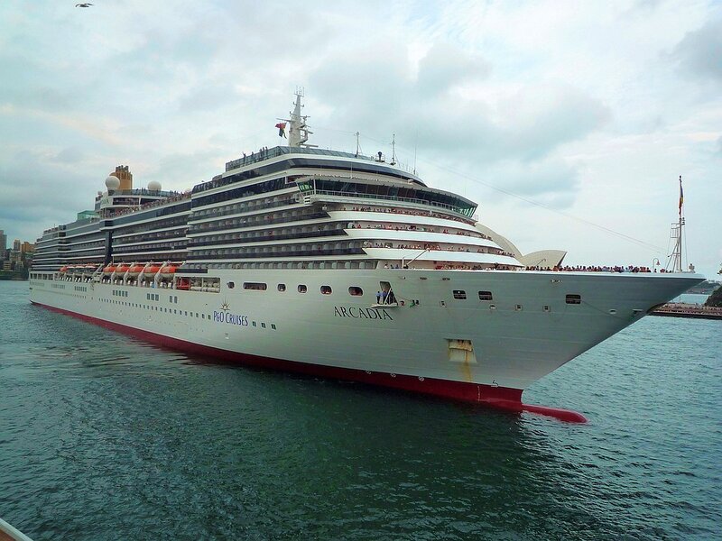 Cruise Ship in Harbor — White, Calm, Afternoon, Photograph, Ocean, Sky