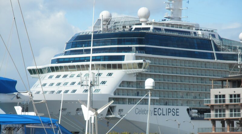 Cruise Ship in Harbor — White, Calm, Afternoon, Photograph, Sailboat