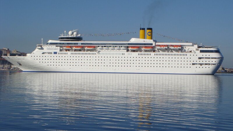 Cruise Ship in Harbor — White, Calm, Afternoon, Photograph, Sea