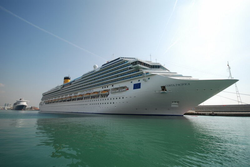 Cruise Ship in Harbor — White, Calm, Afternoon, Photograph, Sky