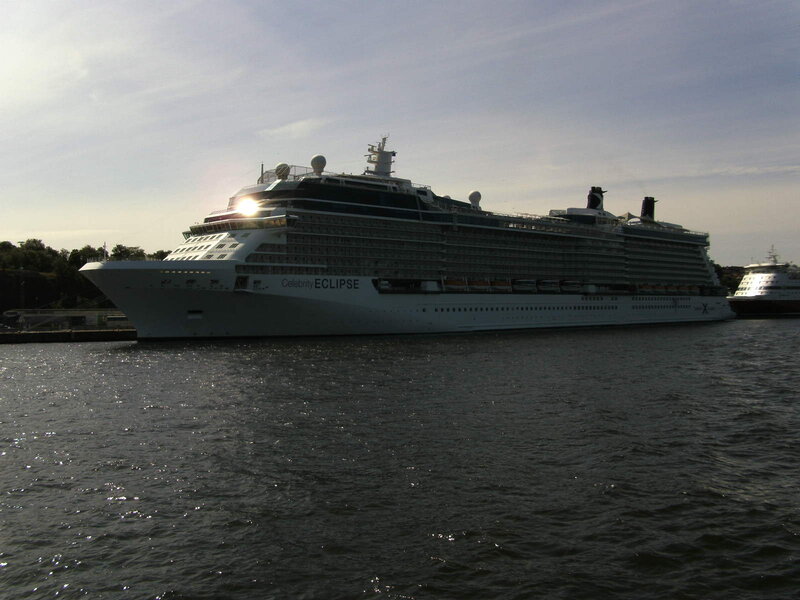 Cruise Ship in Harbor — White, Calm, Sunset, Photograph