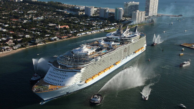 Cruise Ship in Harbor — White, Dramatic, Afternoon, Photograph, Tugboats