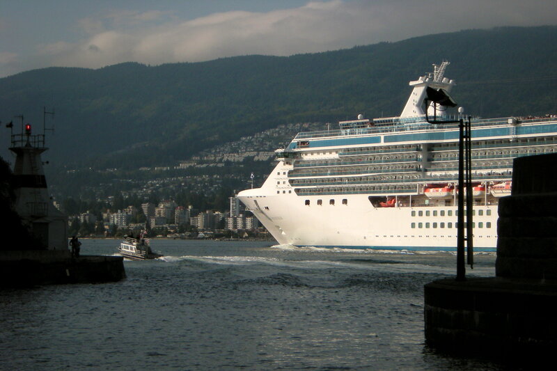 Cruise Ship in Harbor — White, Serene, Afternoon, Photograph, Mountain