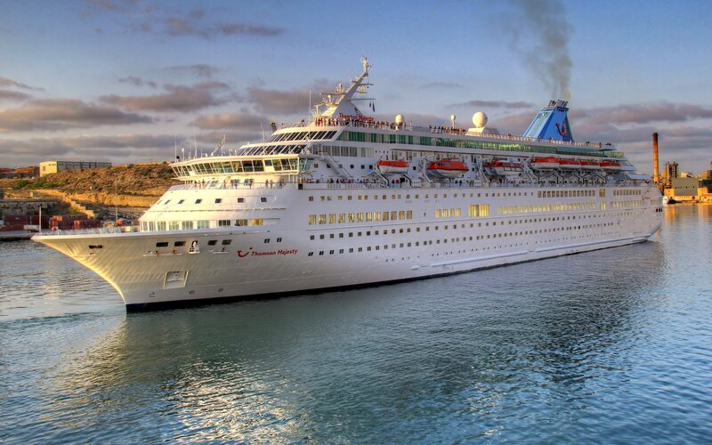 Cruise Ship in Harbor — White, Serene, Sunset, Photograph, Smoke