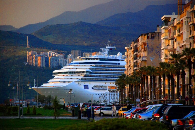 Cruise Ship in Harbor — White, Serene, Sunset