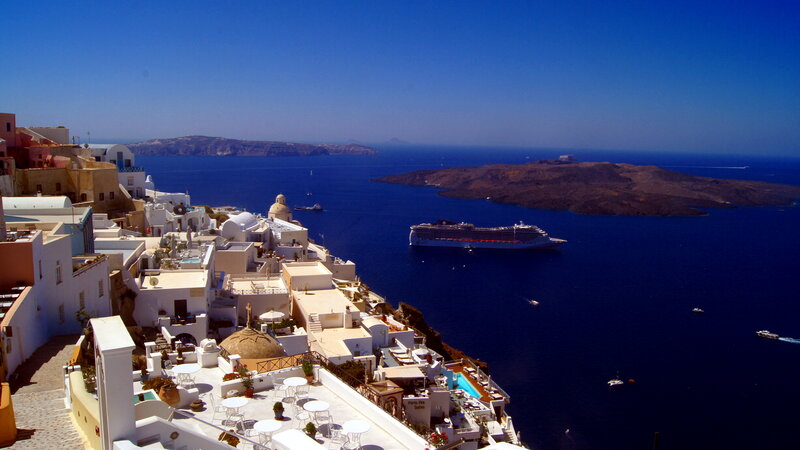 Cruise Ship in Santorini — Blue