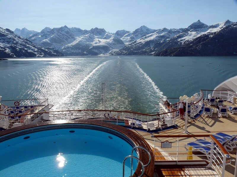 Cruise ship in snowy mountains
