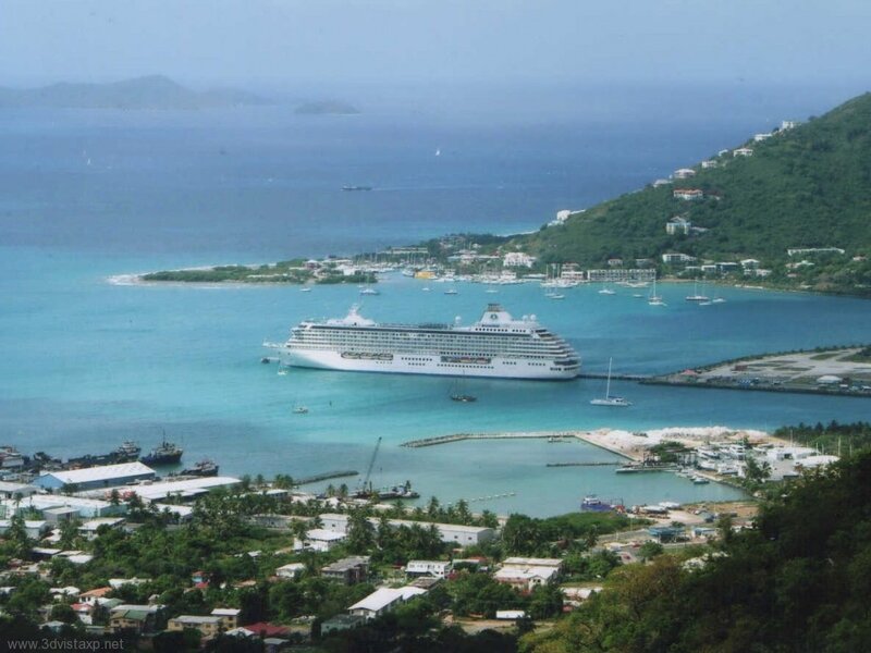 cruise ship in tropical harbor
